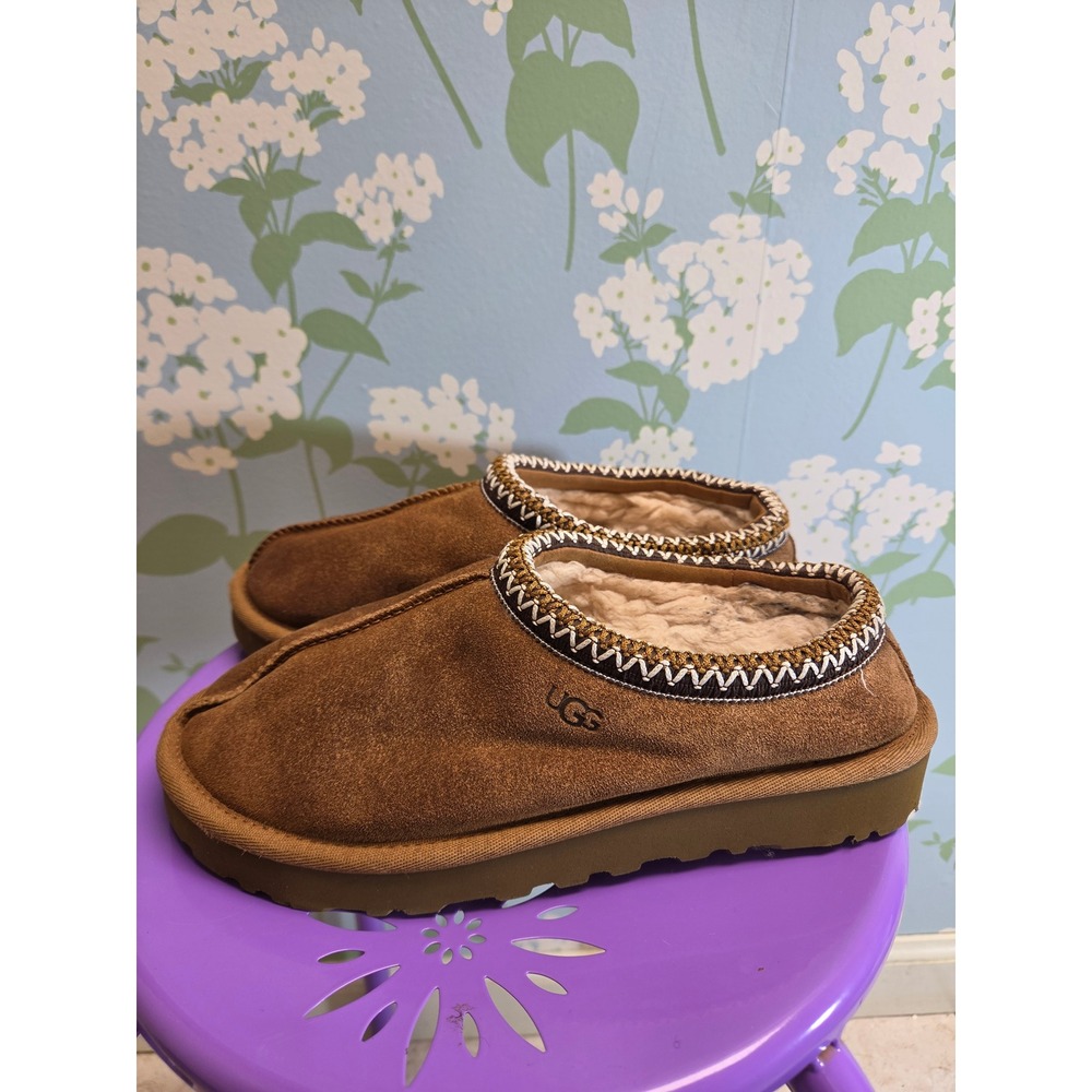 UGG Tasman Chestnut Suede Embroidered Braid Slippers 5955 Brown Womens 7